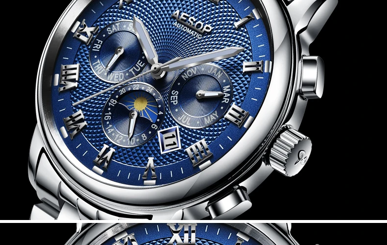 AESOP часы Роскошные мужские часы синие автоматические механические наручные часы из нержавеющей стали мужские часы Relogio Masculino