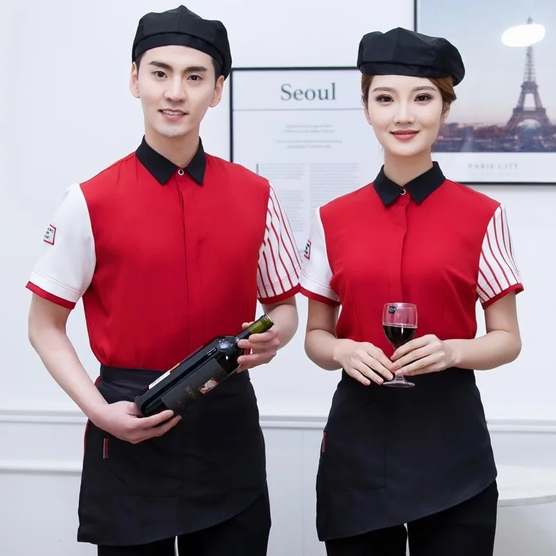 Летние женские официантки рабочая одежда рубашка с короткими рукавами ресторан кофе Форма для продавца молоко чай горячий горшок магазины