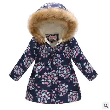 Новинка; сезон осень-зима; Теплые Длинные куртки для девочек; детская хлопковая верхняя одежда с цветочным принтом для девочек; плотное флисовое пальто с капюшоном для подростков - Цвет: blue1