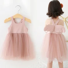 Платье для маленьких девочек мини платье с балетной юбкой и крыльями ангела сзади, пуловеры, детская одежда хлопковый летний сарафан, рубашка ТРАПЕЦИЕВИДНОЕ ПЛАТЬЕ