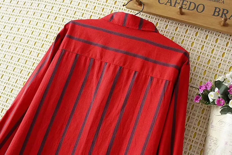 Большие размеры, Хлопковая полосатая Женская Длинная блузка, весна-осень, повседневные женские свободные красные рубашки с карманами, женские черные топы