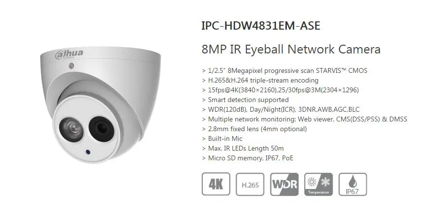 Dahua 4K камера IPC-HDW4831EM-ASE IR50m eyeball CCTV 8MP IP камера WDR Встроенный микрофон H.265 Micro SD память IP67 сетевая камера