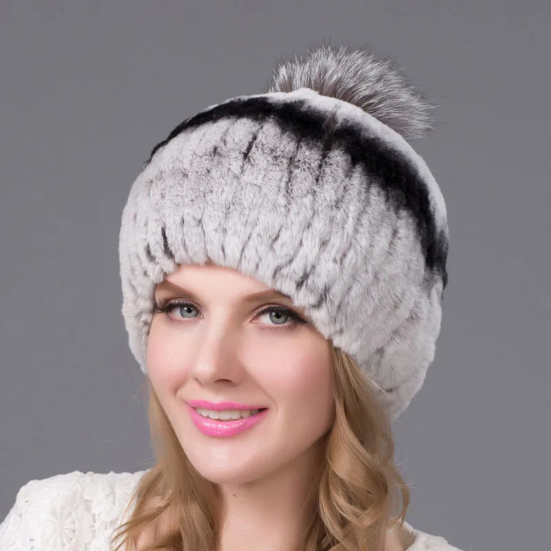 Осенне-зимняя меховая шапка для женщин, настоящий мех кролика и лисы, меховая шапка с хлопковой подкладкой, вязаная шапка, модная теплая шапка премиум-класса THY-31 - Цвет: A