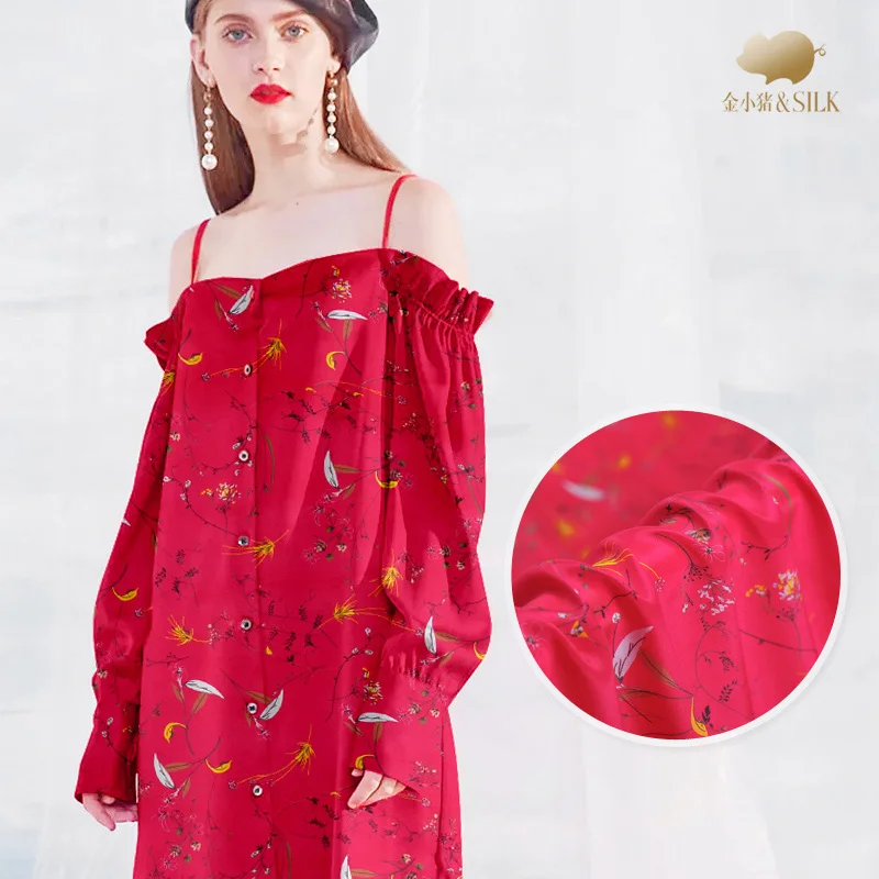 

Red digital printed silk fabric 18mm silk crepe de chine fabric drape silk fabric for dress wholesale silk cloth