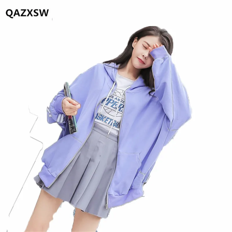 

2019 Spring and Autumn New Women Sweatshirts Side Stripe Purple Hooded Female Loose Student bf Casual Zipper Jacket SY019