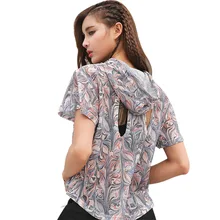 Цветочные печати сетки свободные Йога Топы женские спортивные с капюшоном рубашка футболка с короткими рукавами для фитнеса открытая спортивная одежда Джерси