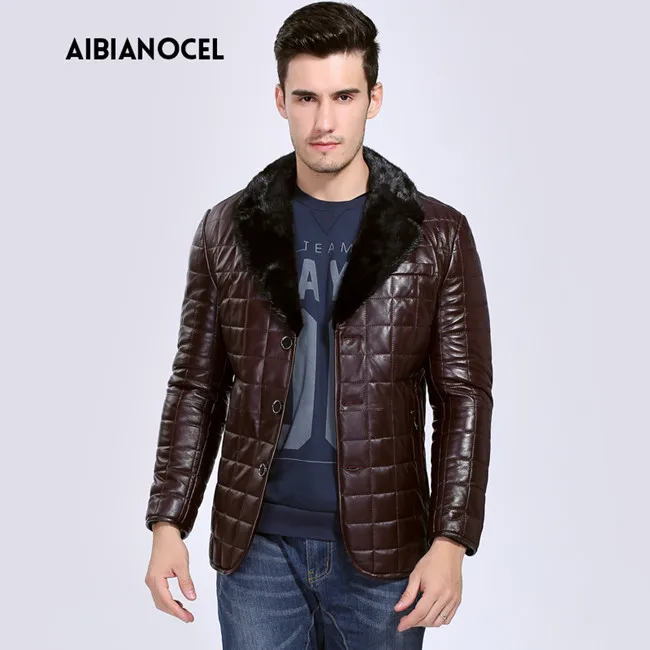 Зимнее кожаное меховое пальто, мужское пальто из настоящей овчины, мужское пальто из натуральной кожи, норковый воротник, кожаное пальто, толстое пуховое пальто, дешево - Цвет: purple leather coat