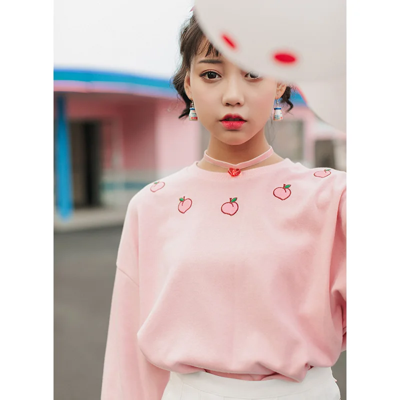  2018 Women's Tunic Sweatshirt Ladies Clothes Japan Harajuku Ulzzang Peach Embroidered Female Korean