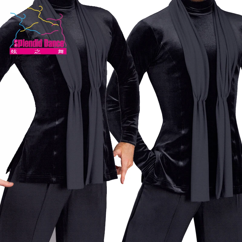 customized Fantasia Latin Dance Tops Black Long Sleeve high quality stretch Shirt New Men Ballroom Competitive Shirts -