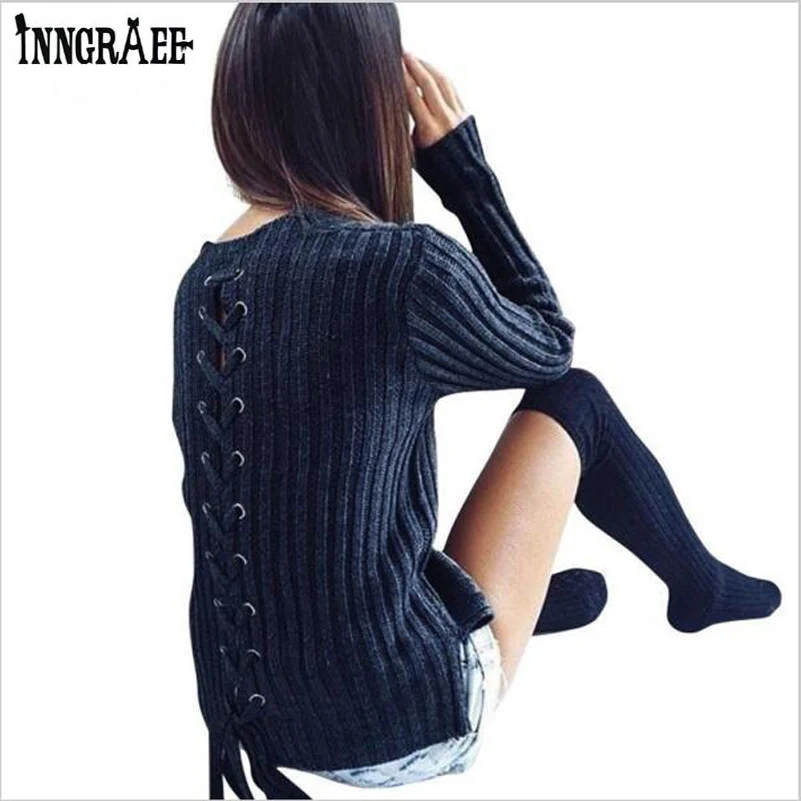 

Women Sweaters And Pullovers Winter Back Bandage Solid Slim Fit Femininas Knitted Pullovers Sweater Women Clothing NS8593