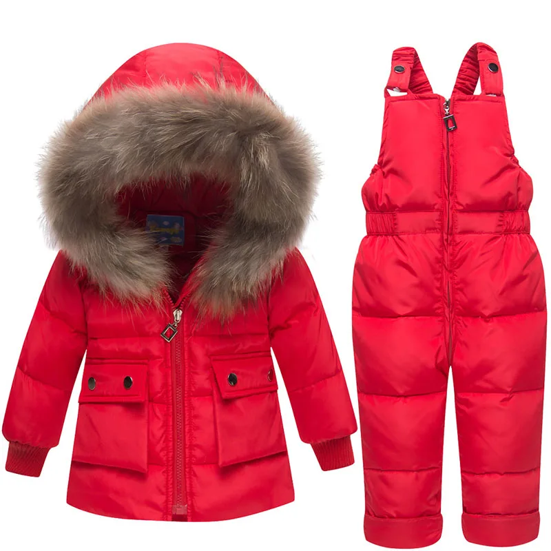 Зимняя куртка Детский новогодний пуховик для мальчиков и девочек зимний комбинезон с капюшоном, меховая парка, пальто комплект со штанами, верхняя одежда