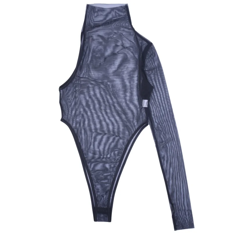 Hugcitar high neck mesh see-through one-shoulder long sleeve sexy bodycon bodysuit 2019 summer women fashion club party body
