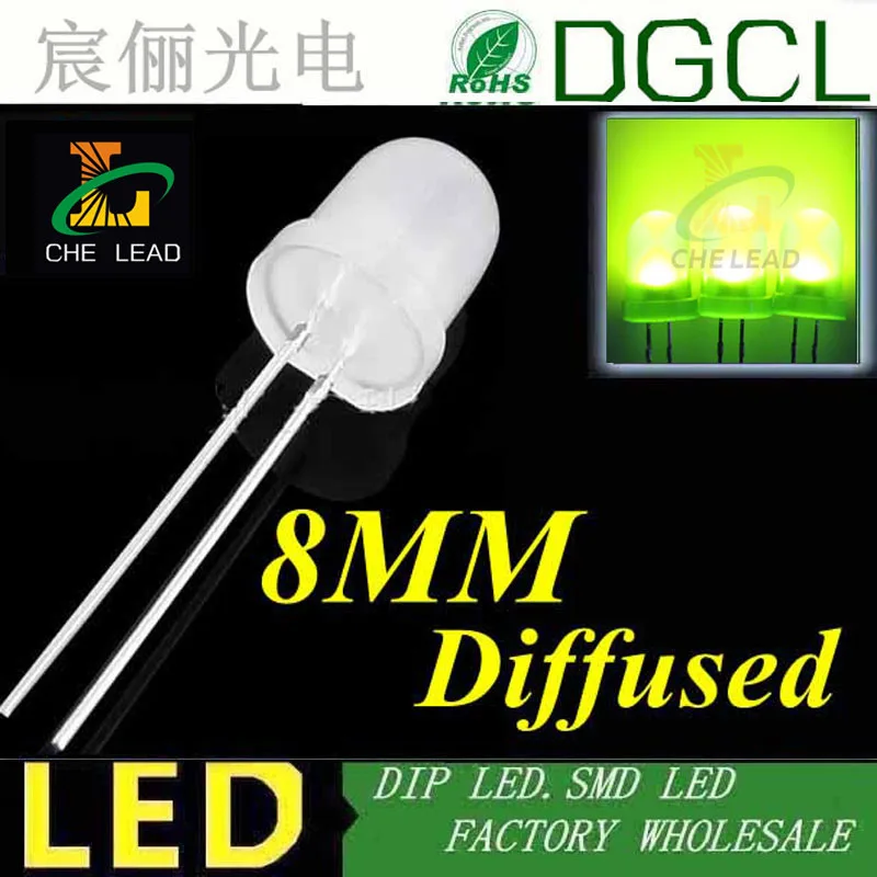 1000 шт зеленый 8 мм Индикатор круглый рассеянный светодиод 568-575nm dip led 2 0-2 5 V (CE &amp Rosh)
