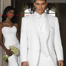 Изготовленный На Заказ Тонкий костюм с двумя пуговицами белый смокинг жениха шаль костюм с лацканами жениха мужской костюм для жениха(куртка+ брюки+ жилет+ галстук