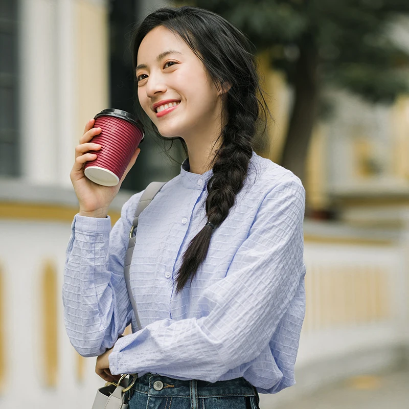 

INMAN 2019 Spring Autumn Artistic Fresh Style Cotton Long Sleeve Stand Collar Blouse