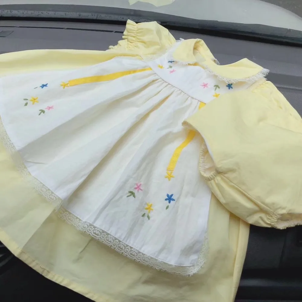 Девушка Лето Винтаж платье принцессы Детские платья для девочек хлопковые кружевные вечерние платье кукла "малыш" короткий рукав лимонно-желтый платье