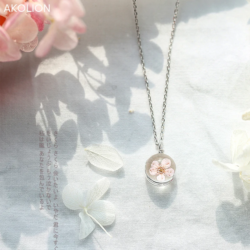 

AKOLION Cherry Blossoms Wish Real Flowers Silver 925 Sterling Chain Choker Necklace Women Vintage Jewelry Bohemian Retro Crystal