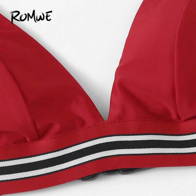 Romwe Спортивный красный комплект бикини из 3 предметов, комплект в полоску, треугольный бюстгальтер с трусиками и пляжные шорты, женские купальные комплекты, купальник