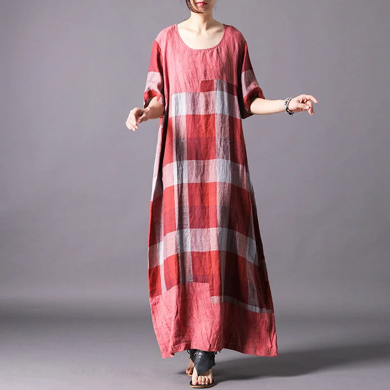 

Johnature Women Cotton Linen Dress 2019 Summer New O-Neck Short Sleeve Vintage Robes Soft Women Cloths Casual Maxi Dress