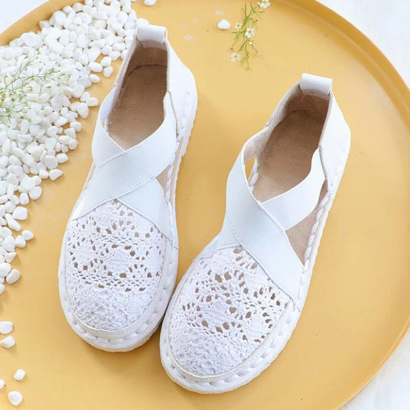 

Summer style Women Ballet Flats Round Toe Slip on Lace Sandals Cut-outs Flats Shoes White Woman Loafers zapatos mujer D75808