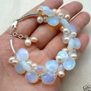 

Womens Unisex Jewellery Blue Fire Opal and Fresh Water Pearl Cluster Bracelet Silver Wholesale