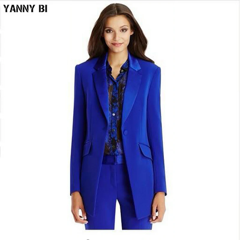 

Autumn Winter Office Lady's 2018 Custom made Jacket Basic Elegant Ladies Office Royal Blue Pant Suits Two Piece Custom made Suit