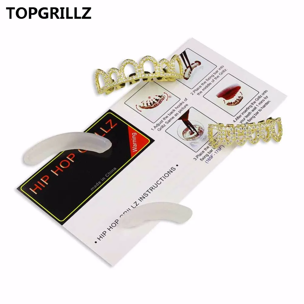  TOPGRILLZ Pure GOLD Color Plated Hip Hop Micro Pave CZ Fang Hollow Top & Bottom GRILLZ Vampire Teet