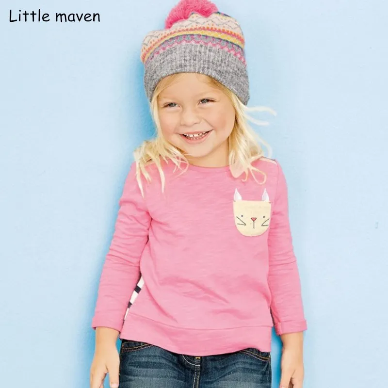 

Little maven children brand baby girl clothes 2018 autumn new girls cotton long sleeve tops cat pocket pink t shirt 51204