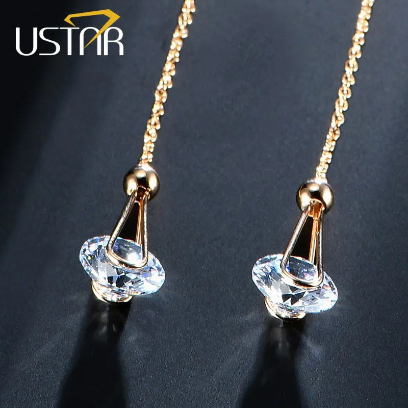 USTAR, длинные женские серьги в форме капли, 2.0ct AAA, круглая огранка, кубический цирконий, свадебные ювелирные изделия, серьги-гвоздики для женщин, brincos, подарок