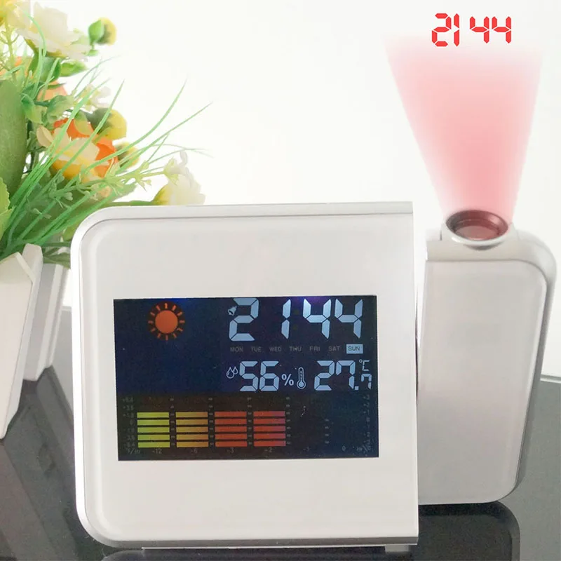 

led Digital LCD Screen LED Projector Alarm Clock Mini Desktop Multi-function Weather Station Thermometer Snooze Function Desk HR