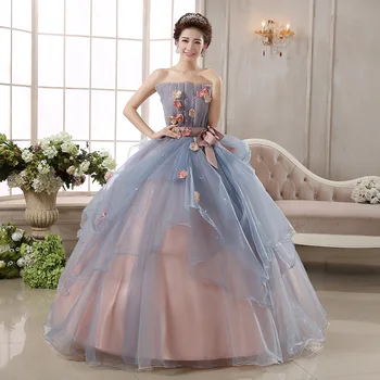 

Colourful Youth Ball Gown Dresses Strapless Off shoulder Sexy Quinceanera Dresses with Flowers Appliques