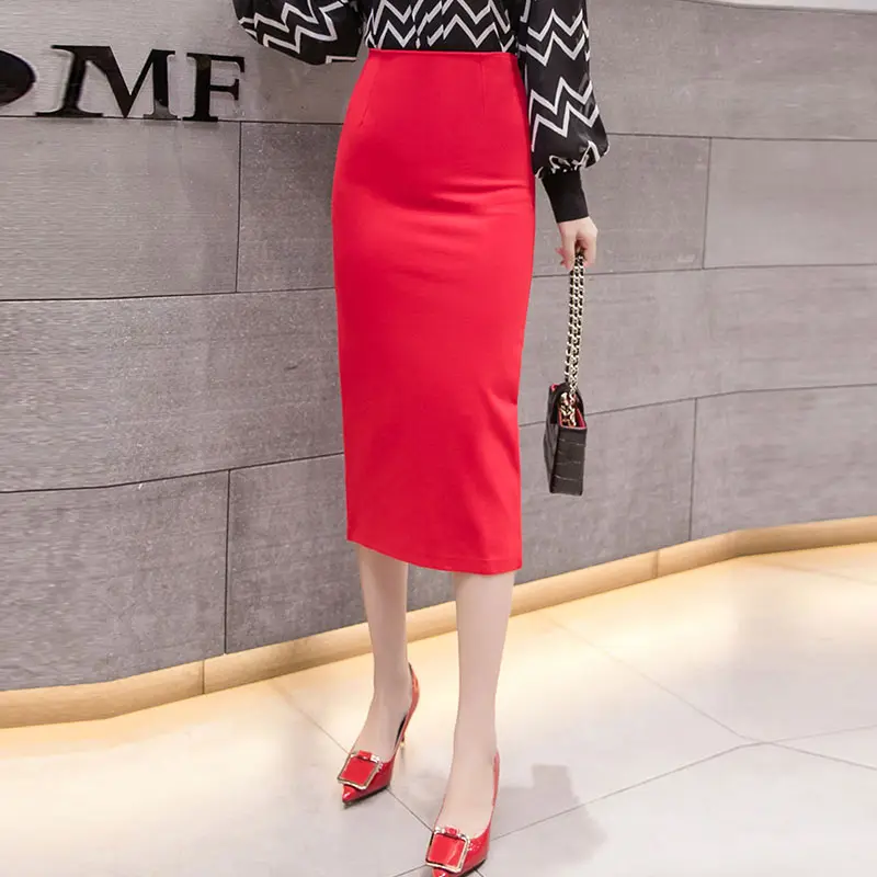 Модная женская сексуальная тонкая юбка-карандаш стрейч в обтяжку юбка новое поступление черная красная высокая талия сзади Сплит формальная Женская юбка 5XL - Цвет: red
