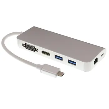 

6 in 1 USB C Adapter with Ethernet,Type C PD Charging Network Port 4K HDMI VGA USB3.0 HUB Adapter For Windows 10 Apple Mac OS Le