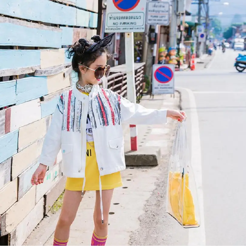 

Baby Girl Clothes Children's Casual Jacket 2019 Spring New Drawstring Sequined Kids Jacket Spliced Long Sleeve Coat Outwear Y455