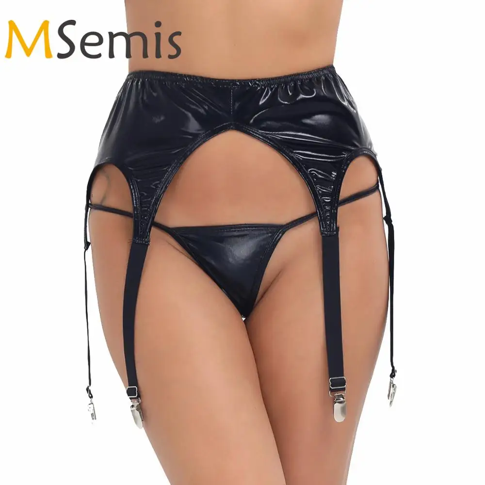 MSemis женские сексуальные подвязки ремень для чулок Wetlook с стринги кожаные трусики