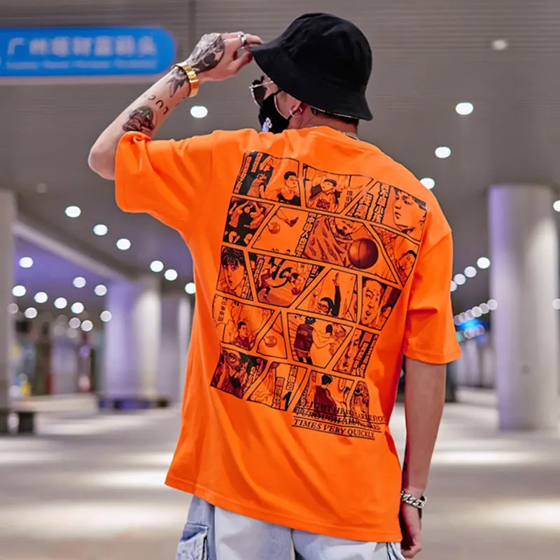 

Streetwear Male T-Shirt Hip Hop Back Printing Men's T-Shirts O-Neck Orange M-2XL Summer Short-Sleeved T-Shirt