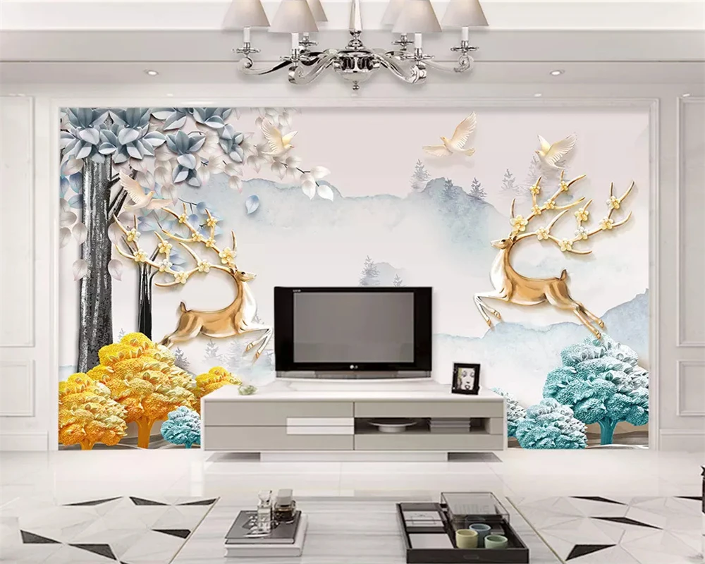 

beibehang Custom 2019 three-dimensional elk rich tree Nordic simple relief background wallpaper wall papers home decor behang