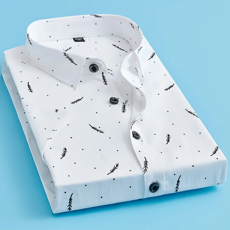 

New Style 2019 Summer New Fashion Brand Clothing Men Short Sleeve Shirt Feather printing Slim Fit Shirt 100% Cotton Casual Shir