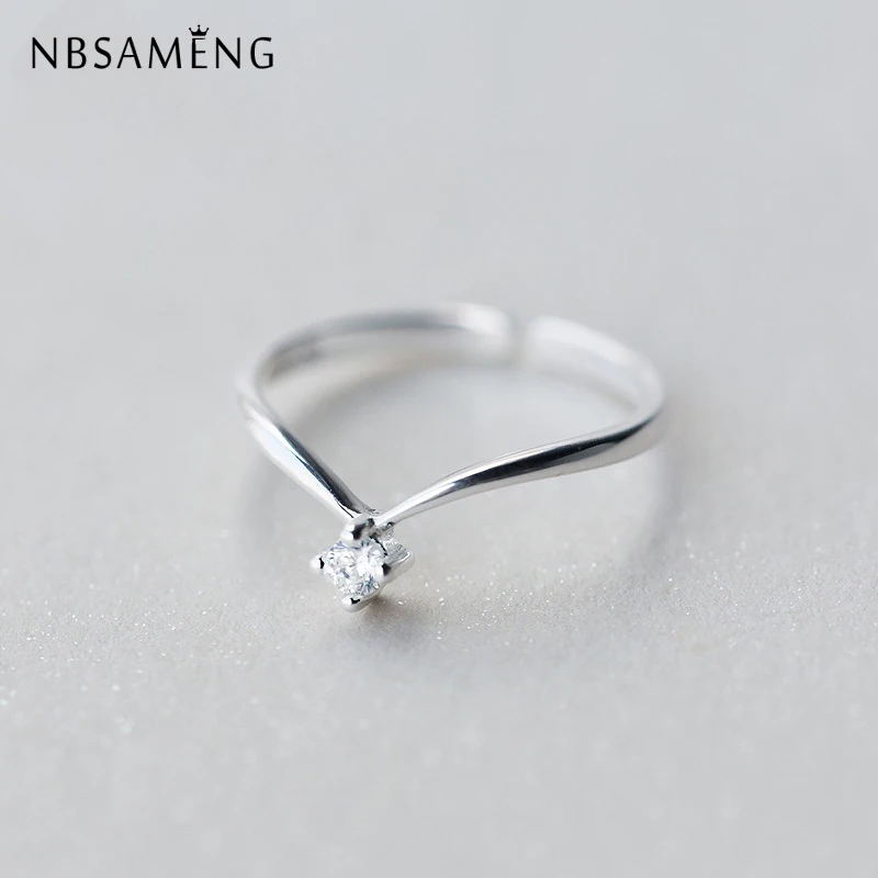 

NBSAMENG Real 925 Sterling Silver Letter V CZ Shape Rings For Women Opening Adjustable Finger Ring Jewelry Girls Gift