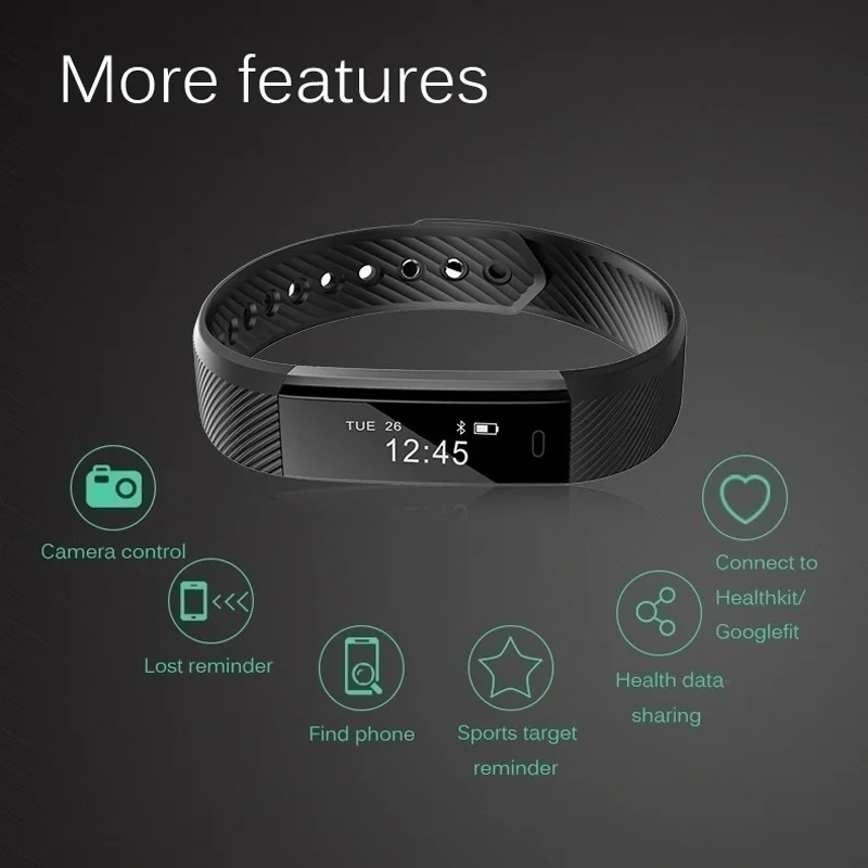 Bluetooth ID115 Smart Bracelet Tracker Step Counter Outdoor Activity Sports Waterproof Stopwatch Step Remote Control Photograph