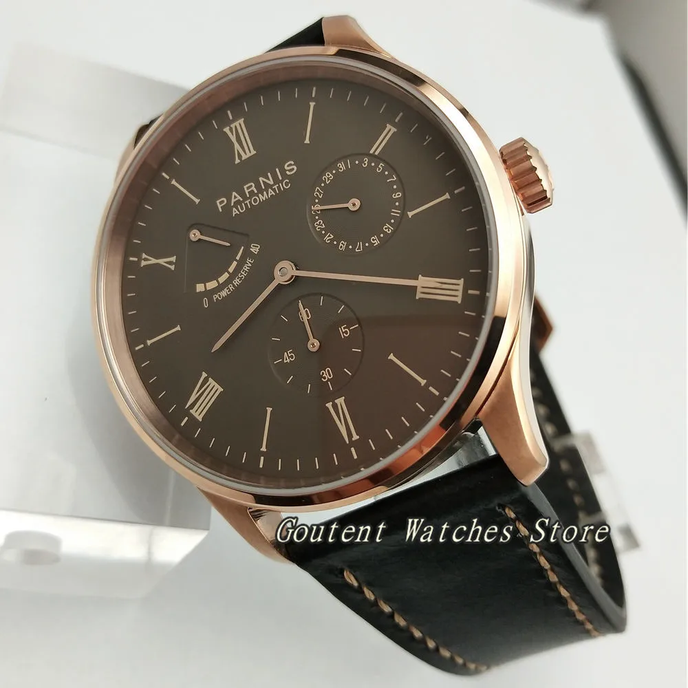 

42mm Parnis Date Rose Gold Case Power Reserve Seagull 1780 Automatic Watch