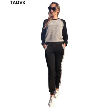

TAOVK Brilliant shiny Patchwork Cotton Suits Light Blue fitness tracksuit pullover sweatshirt pant Sets Spring Autumn outfits