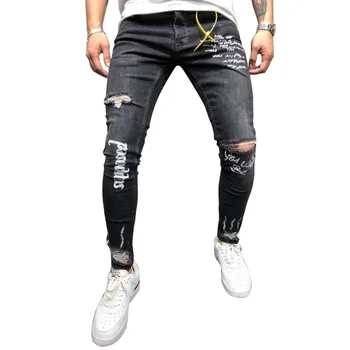 

2019 New Men Ripped Distressed Slim Fit Elastic Stretch Male streetwear hiphop Hole Denim Pants Biker denim trousers