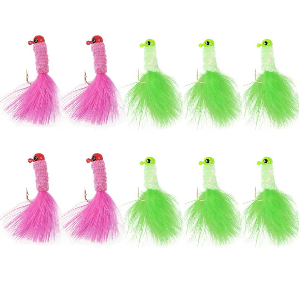 10Pcs Crappie Jigs Fishing Hard Lure Lead Head Hook Fly Lures With Feathers For Worm Baits Barbed Hooks | Спорт и развлечения