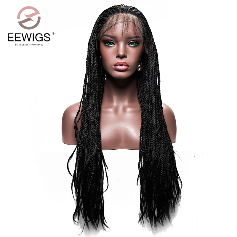 Long Black Braided Box Braids Wig Synthetic High Temperature Fiber Lace