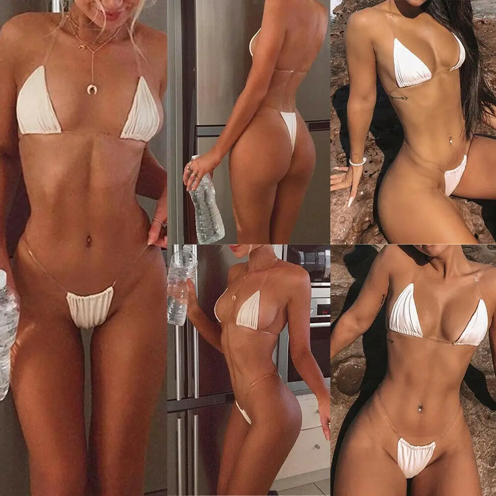 2019 conjunto de Bikini Sexy para mujer, traje de baño de Color sólido, traje de baño con tiras transparentes, traje de baño sólido