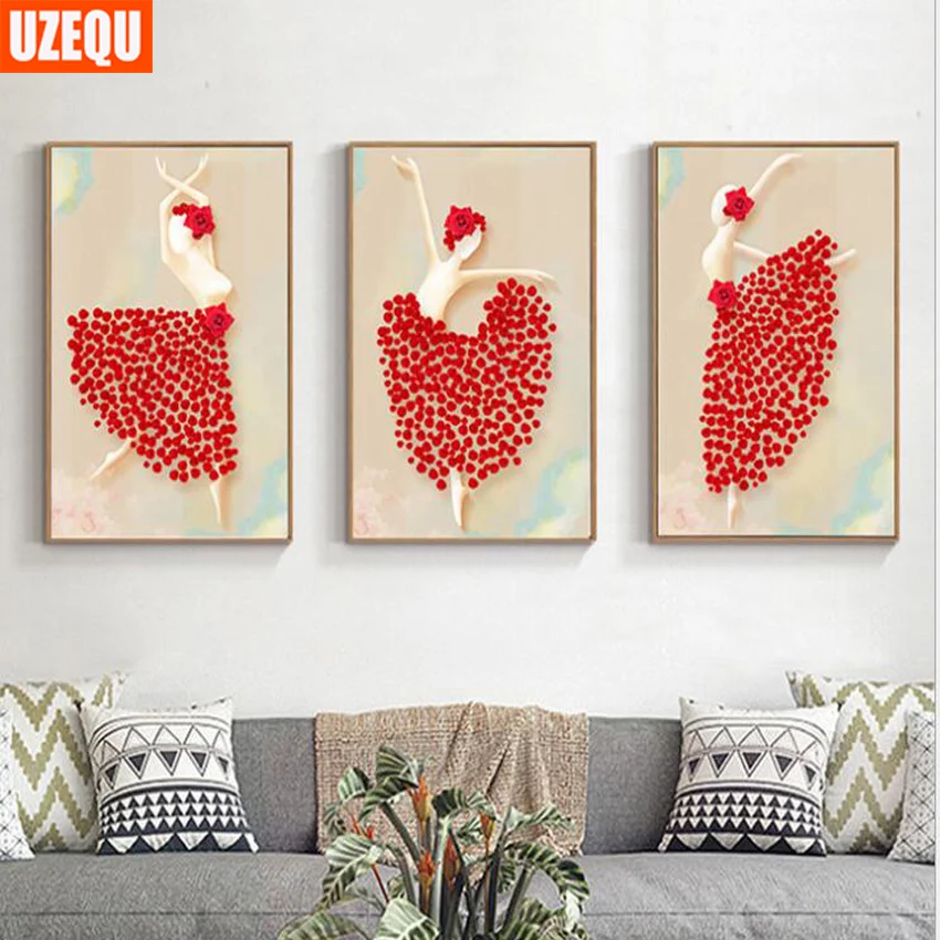 

UzeQu Triptych Diamond Painting Cross Stitch Ballet Dancer Abstract Diamond Embroidery Full Round Mosaic Pattern Wall Picture