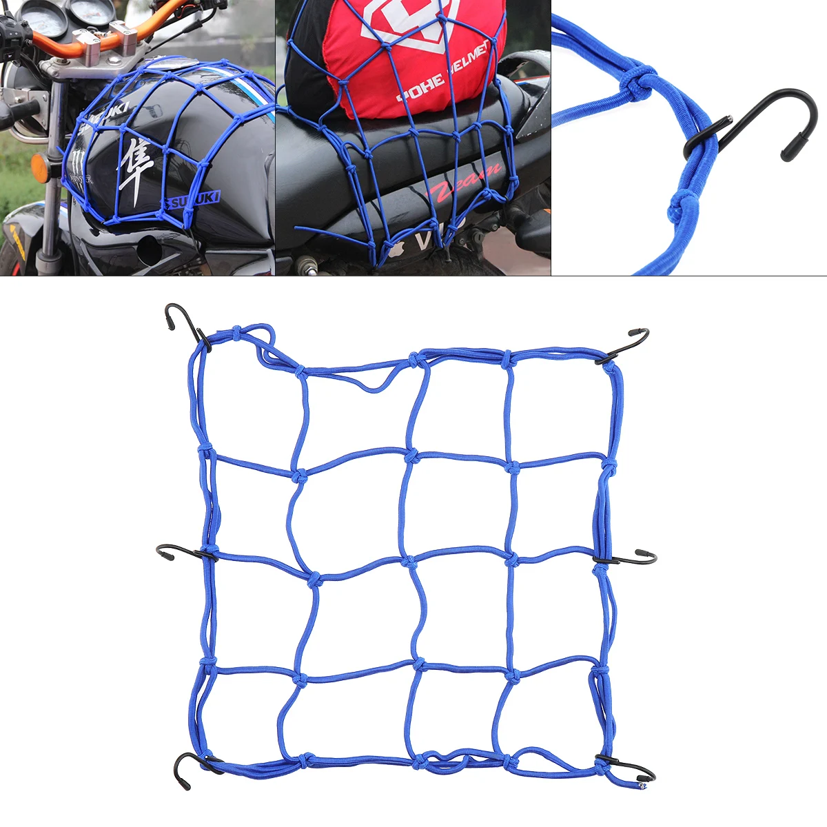 

30x30CM Adjustable Motorcycle Luggage Net Fuel Tank Net Helmet Decoration Net Tail Frame Mesh 6 Hooks Pocket for Luggages