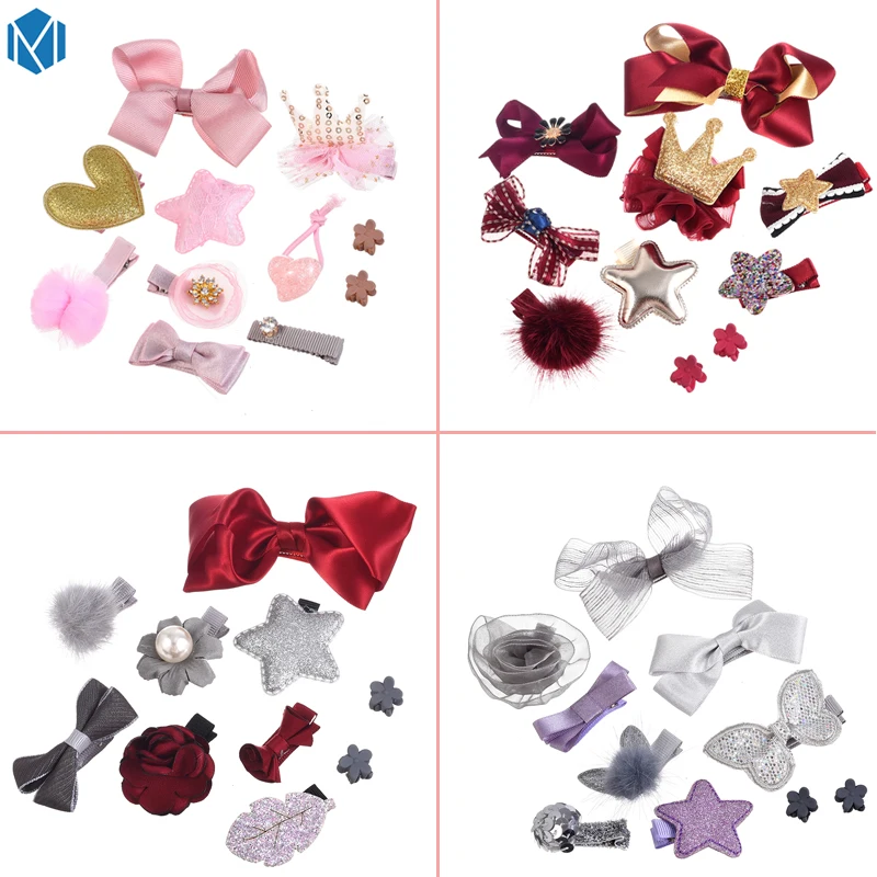 

M MISM 1Set=10pcs Girl Princess Crown Flower Hair Clips Chiffon Ribbon Star Barrette Love Sequin Bowknot Pompom Hair Accessories
