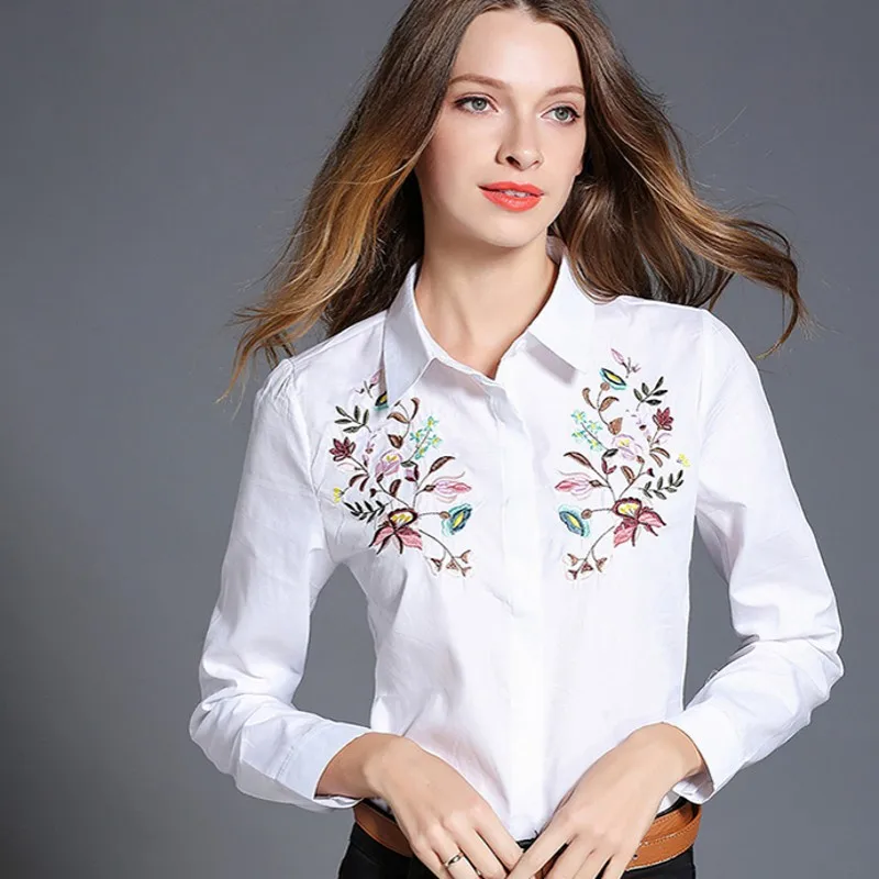 New Spring White Formal OL Shirts For Women Lapel Collar Floral ...